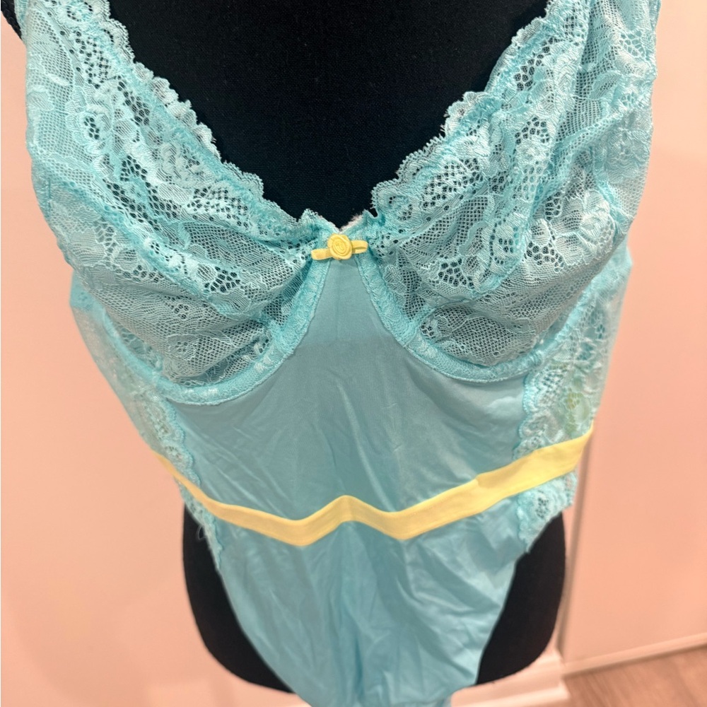 Cacique Light Blue Lace Bodysuit with Yellow Trim